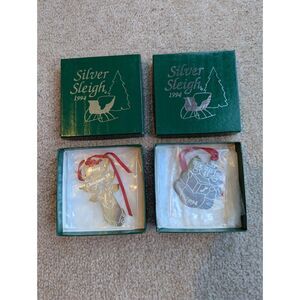 2 In-Box, Excellent Silver Sleigh 1994 Christmas Ornaments – Deer & Snowmen Set